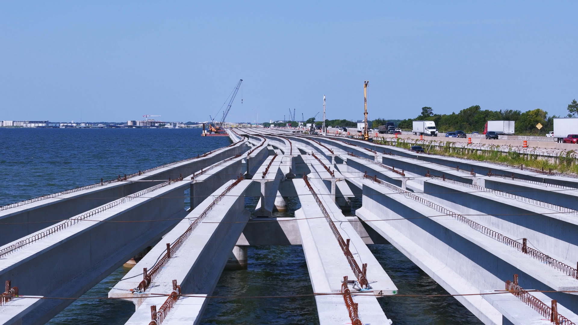 Bridge construction in progress over the water