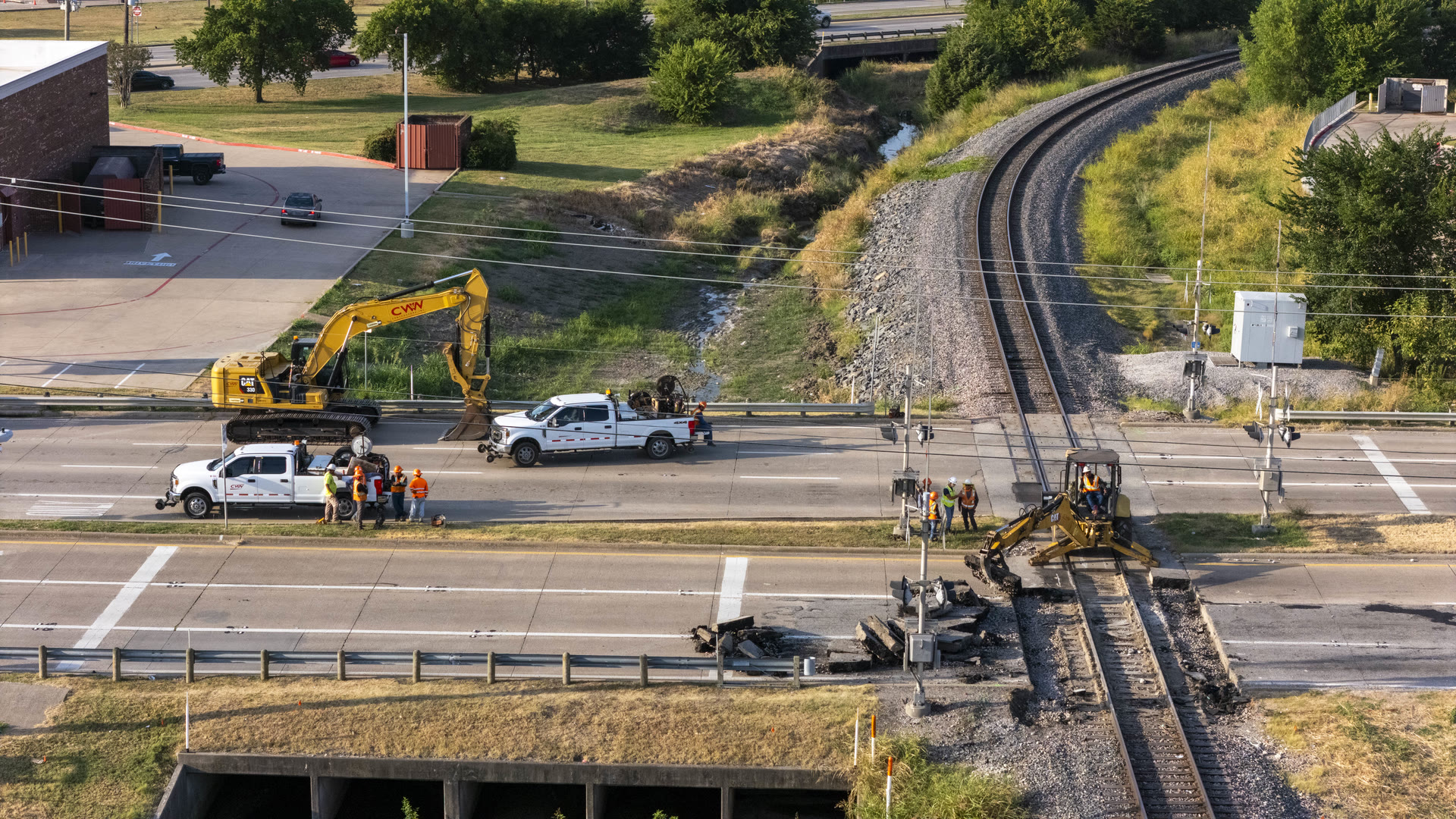 Aerial view of road and railroad construction work in Wylie